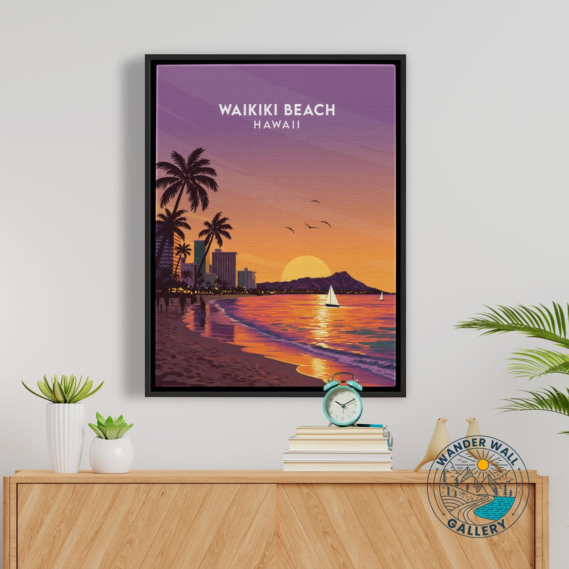 Waikiki Beach Hawaii Sunset Palm Trees Diamond Head Ocean Poster - Image 5