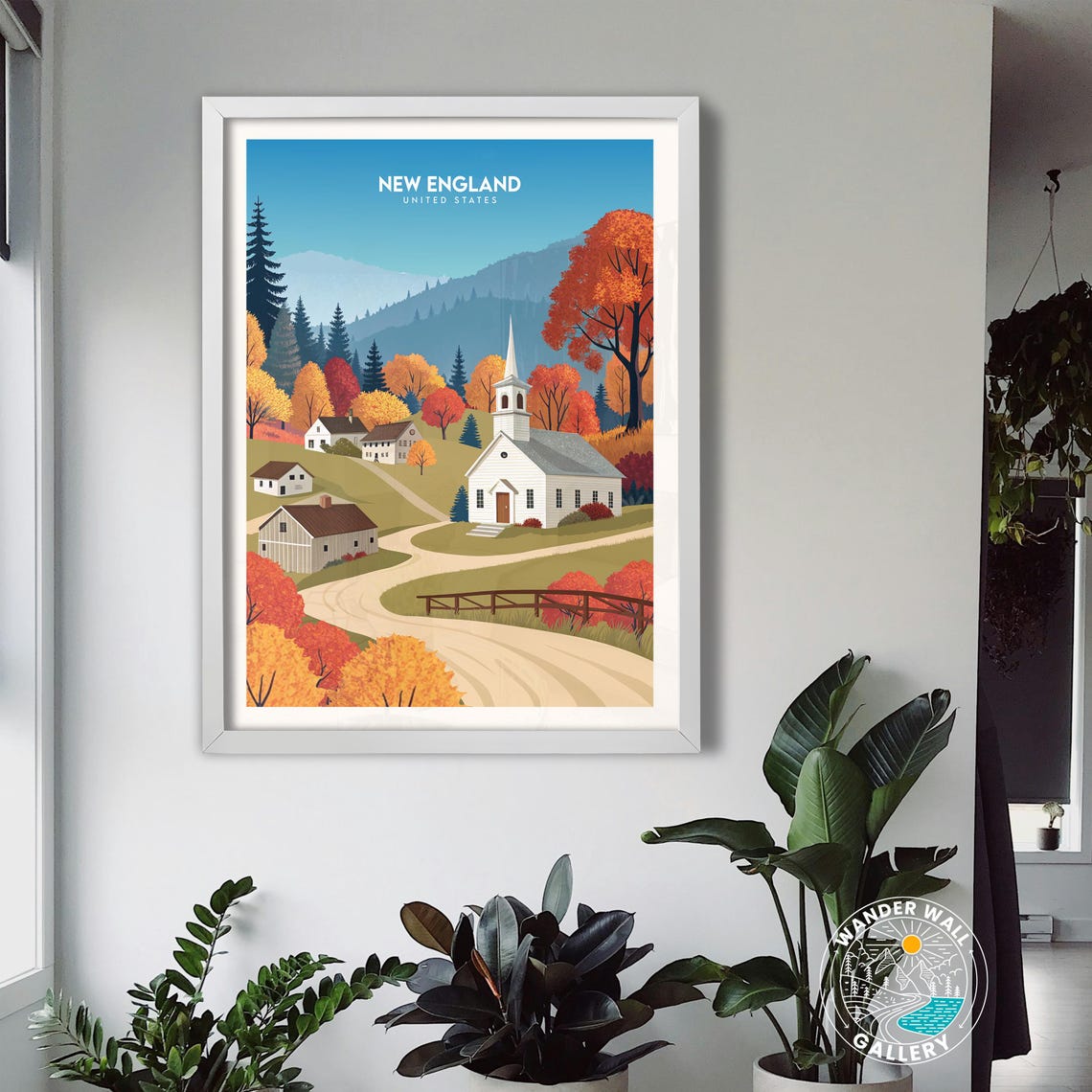New England United States White Church Autumn Village Poster - Image 3