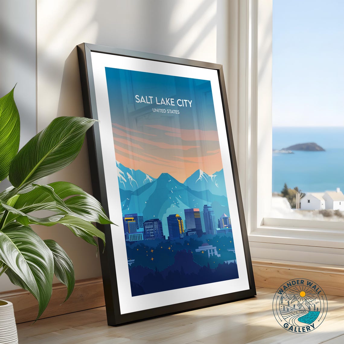 Salt Lake City Snowy Mountain Sunset Skyline Retro Travel Poster - Image 2