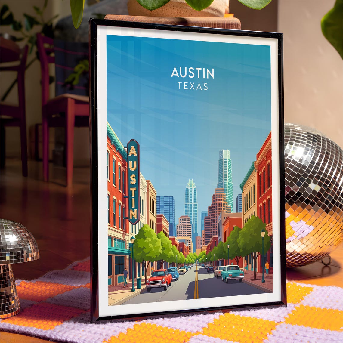 Austin Texas Retro Vintage Downtown Street Skyline Art Poster - Image 4
