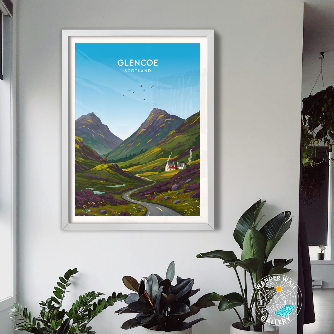 Glencoe Scotland Highland Valley Stag Cottage Mountain Travel Poster - Image 3