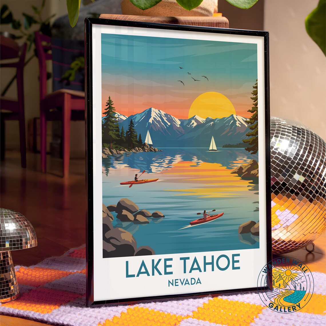 Lake Tahoe Nevada Mountain Lake Sunset Kayak Sailboats Travel Poster - Image 4