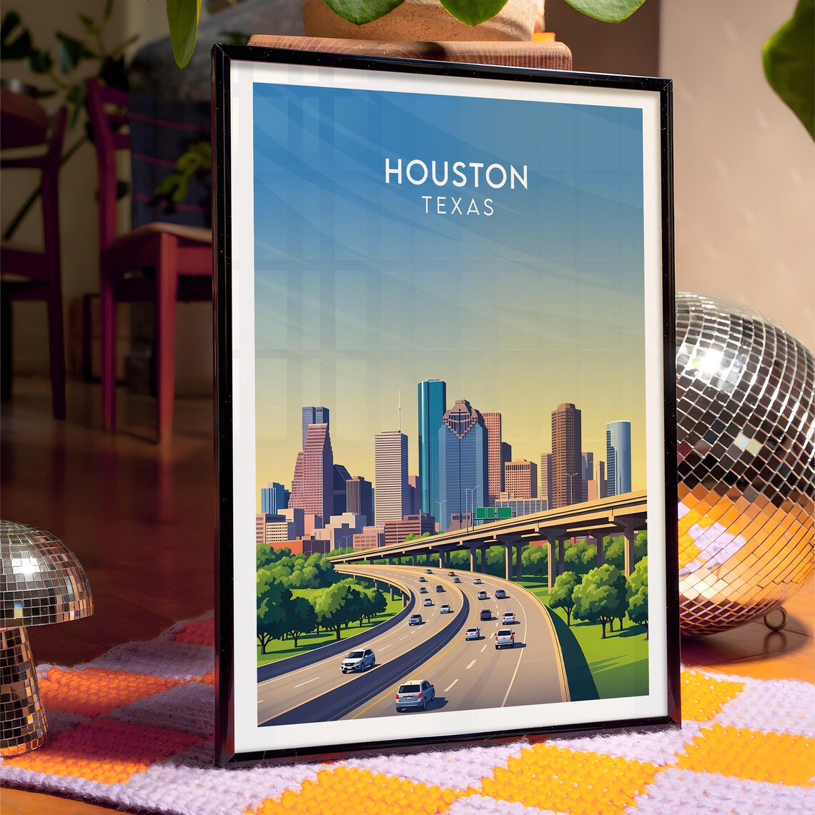 Houston Texas Highway Curves Toward City Towers Green Parkway Poster - Image 4