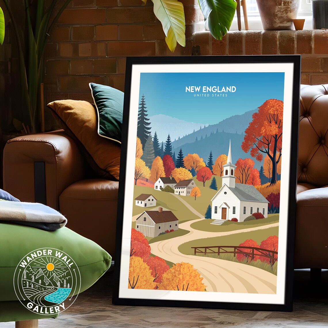 New England United States White Church Autumn Village Poster - Image 6