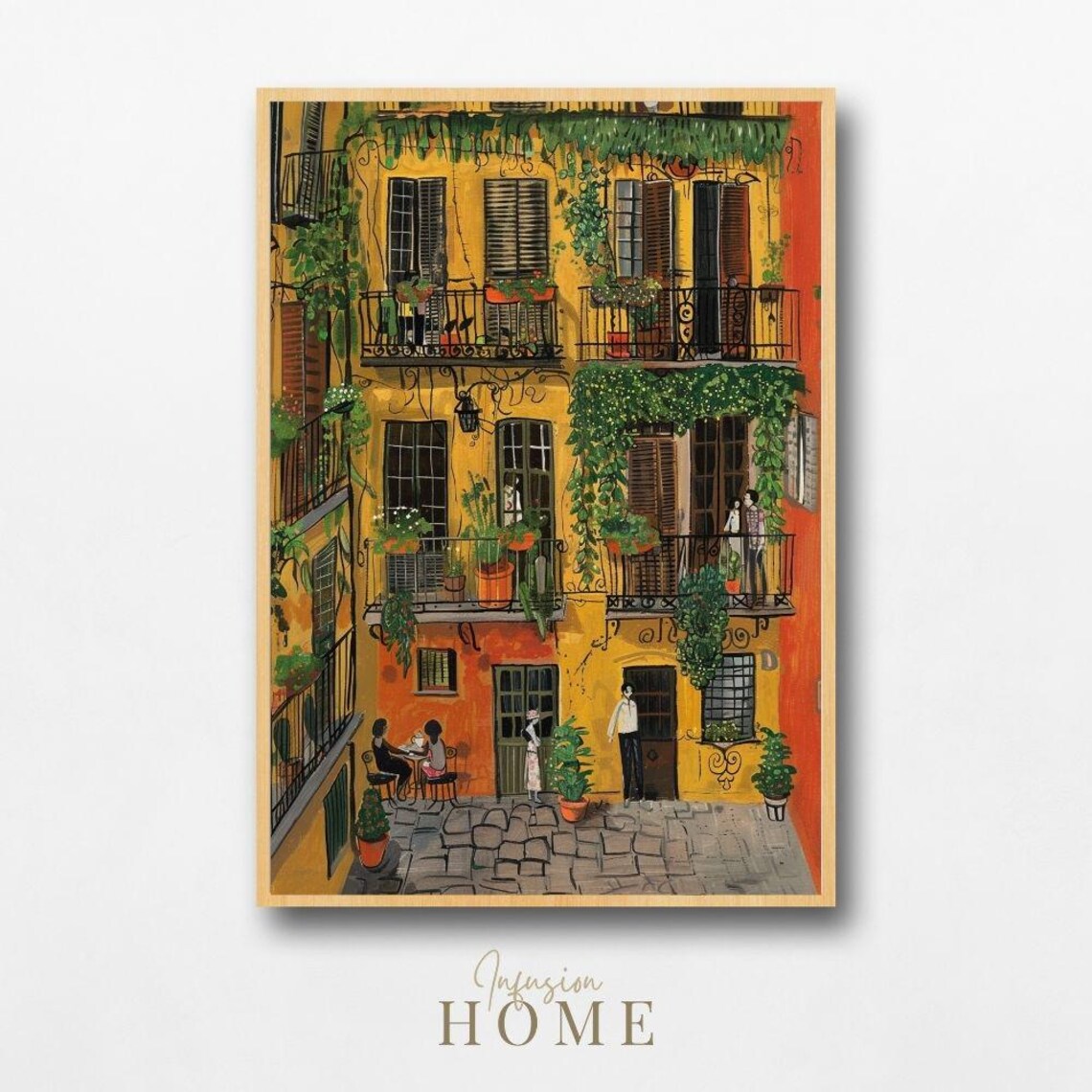 Italian Village Courtyard Ivy Balconies Warm Painting Style Poster