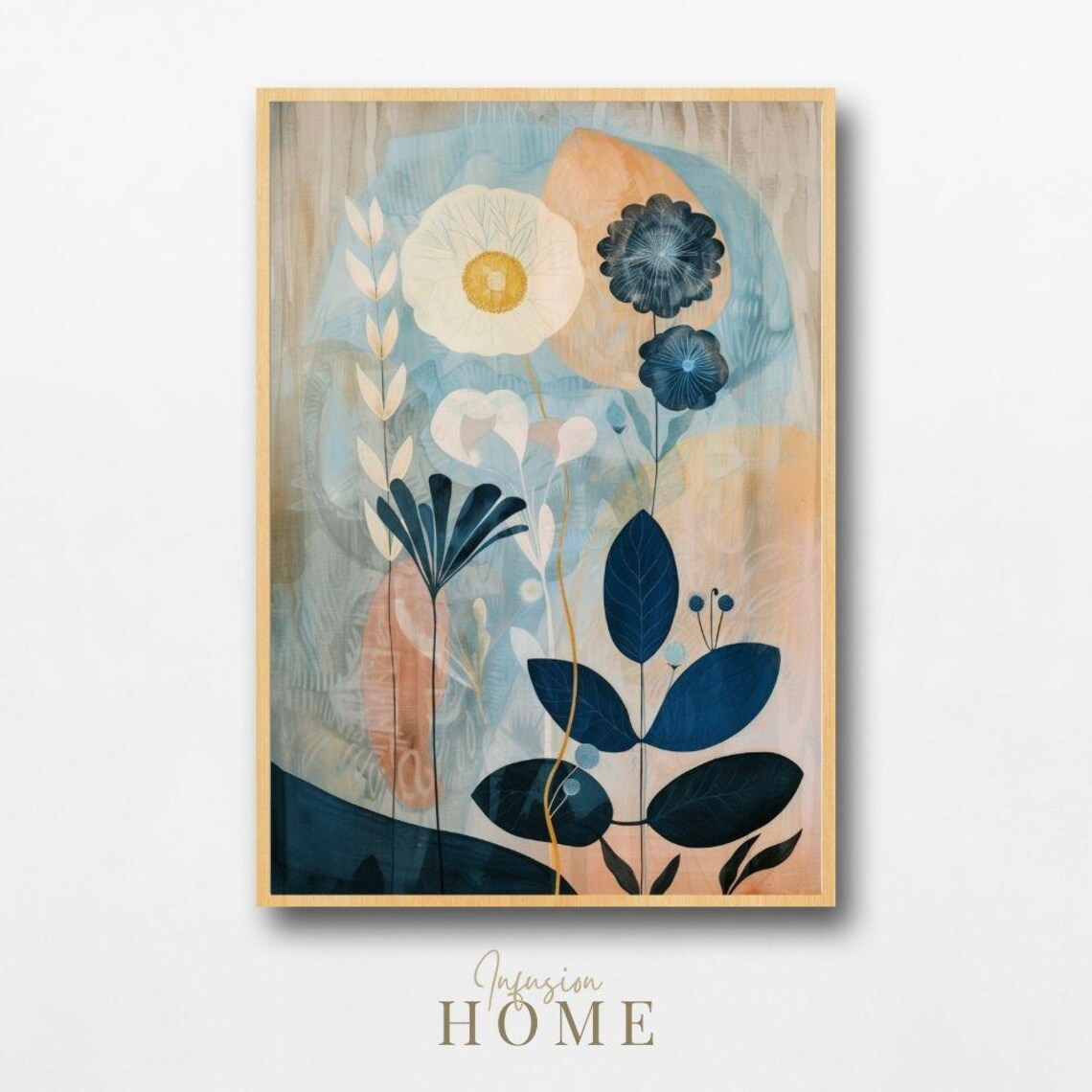 Nordic Floral Art Deep Blue Leaves Warm Tone Modern Botanical Poster