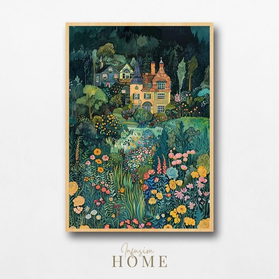 Fairytale Cottage Whimsical Garden Night Storybook Flower Art Poster