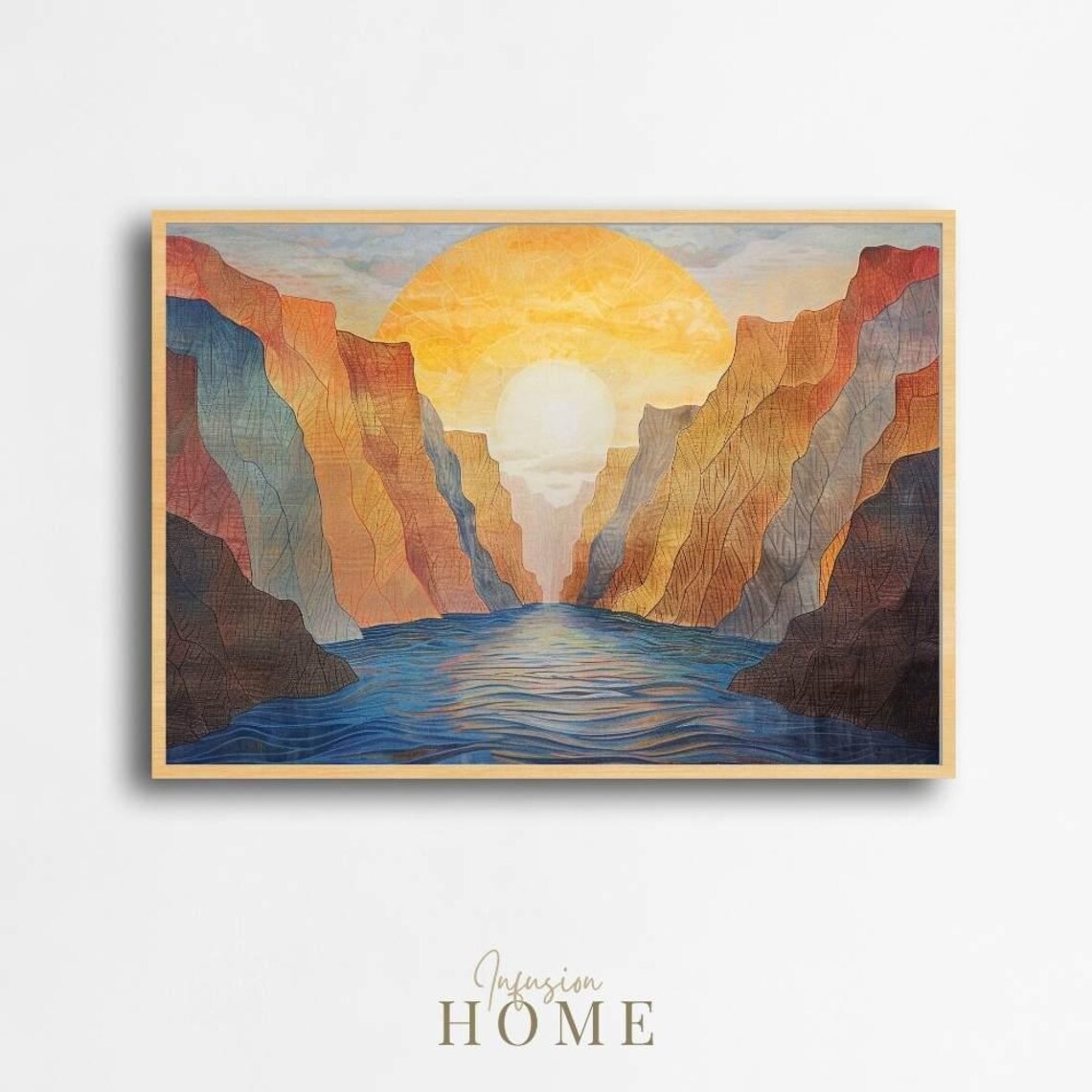 Golden Canyon Sunrise River Abstract Watercolor Nature Poster