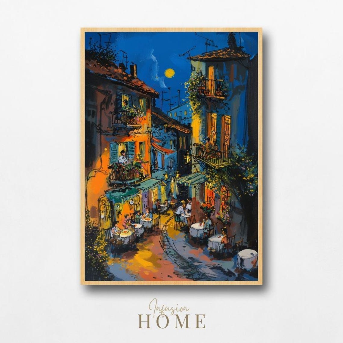 Italian Cafe Moonlit Street Night Painting Poster Blue Orange
