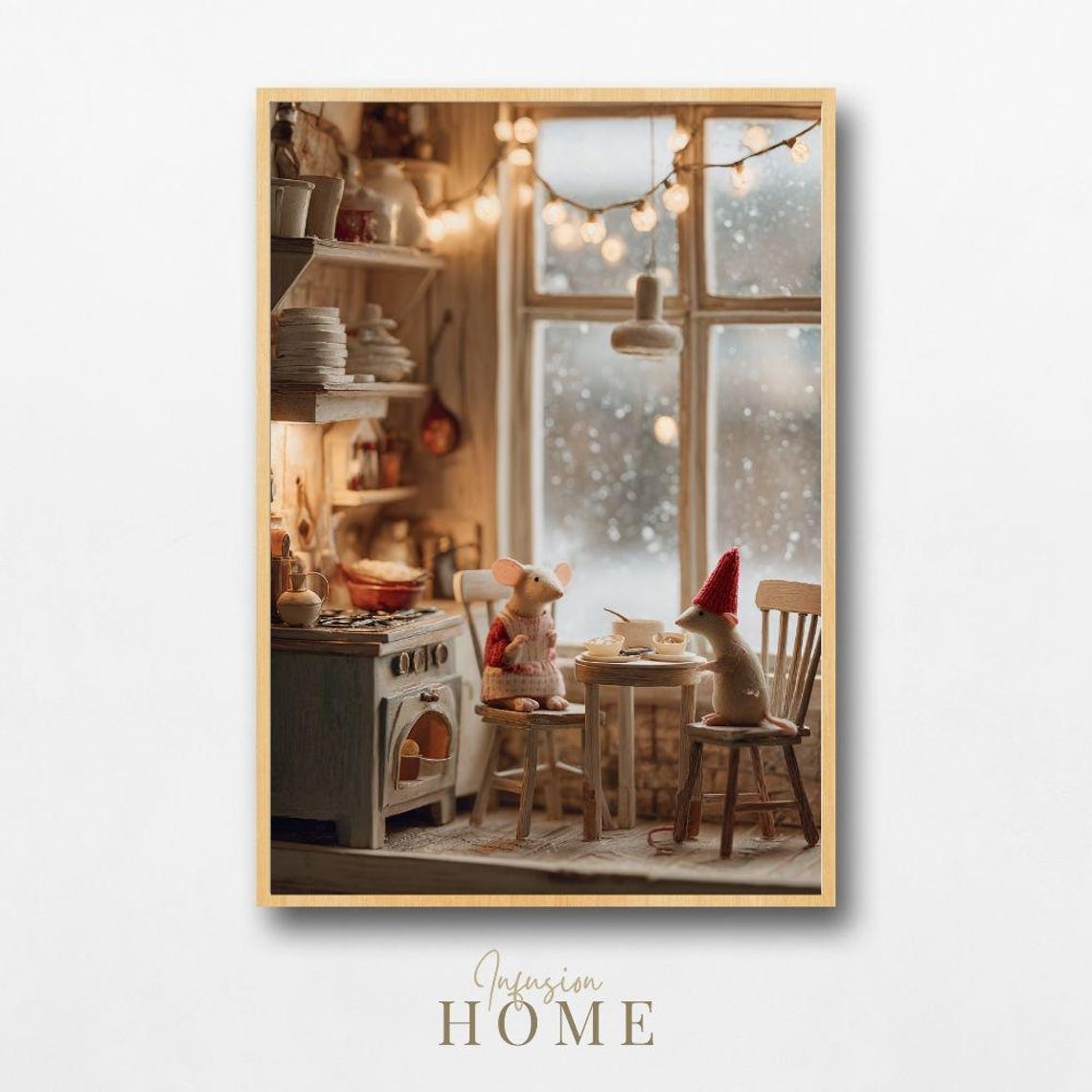 Cozy Kitchen Mice Winter Meal Snowy Window String Lights Art Poster