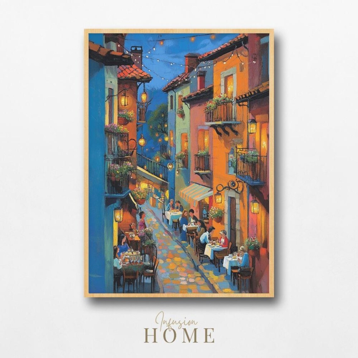 European Cafe Alley Twilight String Lights Friends Dining Poster
