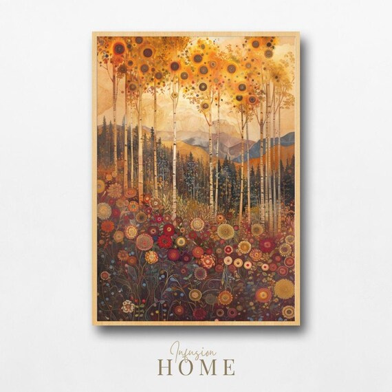 Autumn Aspen Forest Golden Trees Red Wildflowers Landscape Art Poster