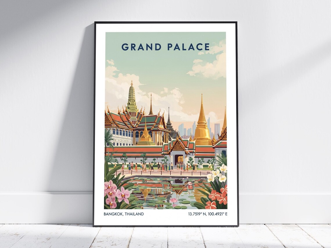 Grand Palace Bangkok Thailand Temple Vintage Style Travel Poster
