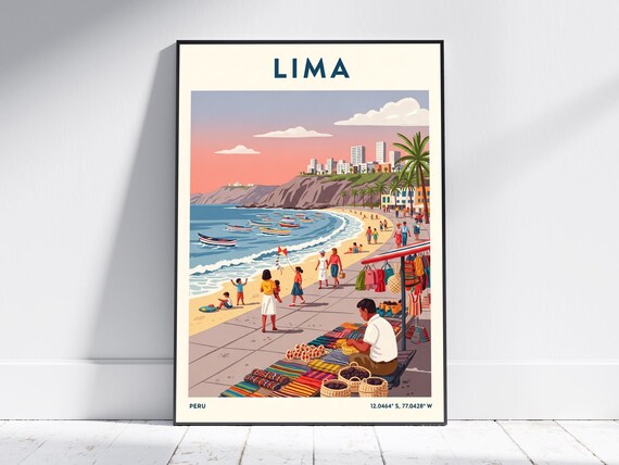 Lima Peru Beach Coastline Craft Market Vintage Travel Poster
