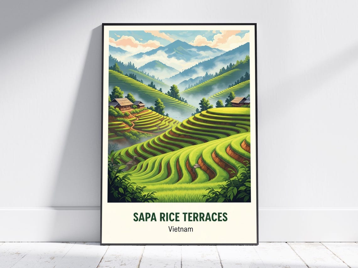 Sapa Rice Terraces Vietnam Misty Mountains Travel Illustration Poster