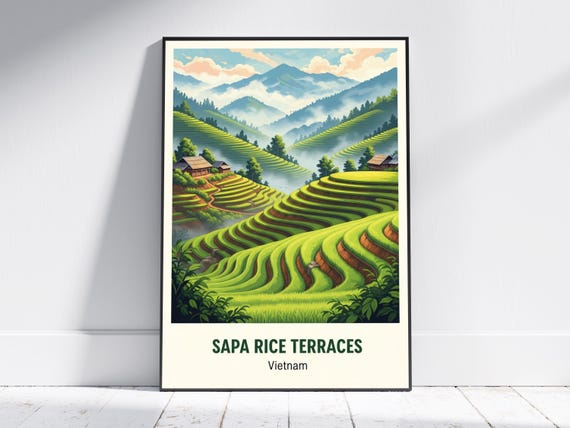 Sapa Rice Terraces Vietnam Art Print Green Blue Brown And Beige Illustration Landscape Poster Vintage Wall Decor