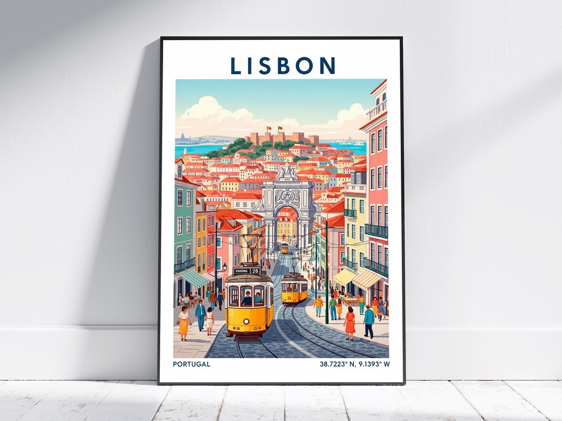 Lisbon Portugal Yellow Tram Arch Street Vintage Travel Poster