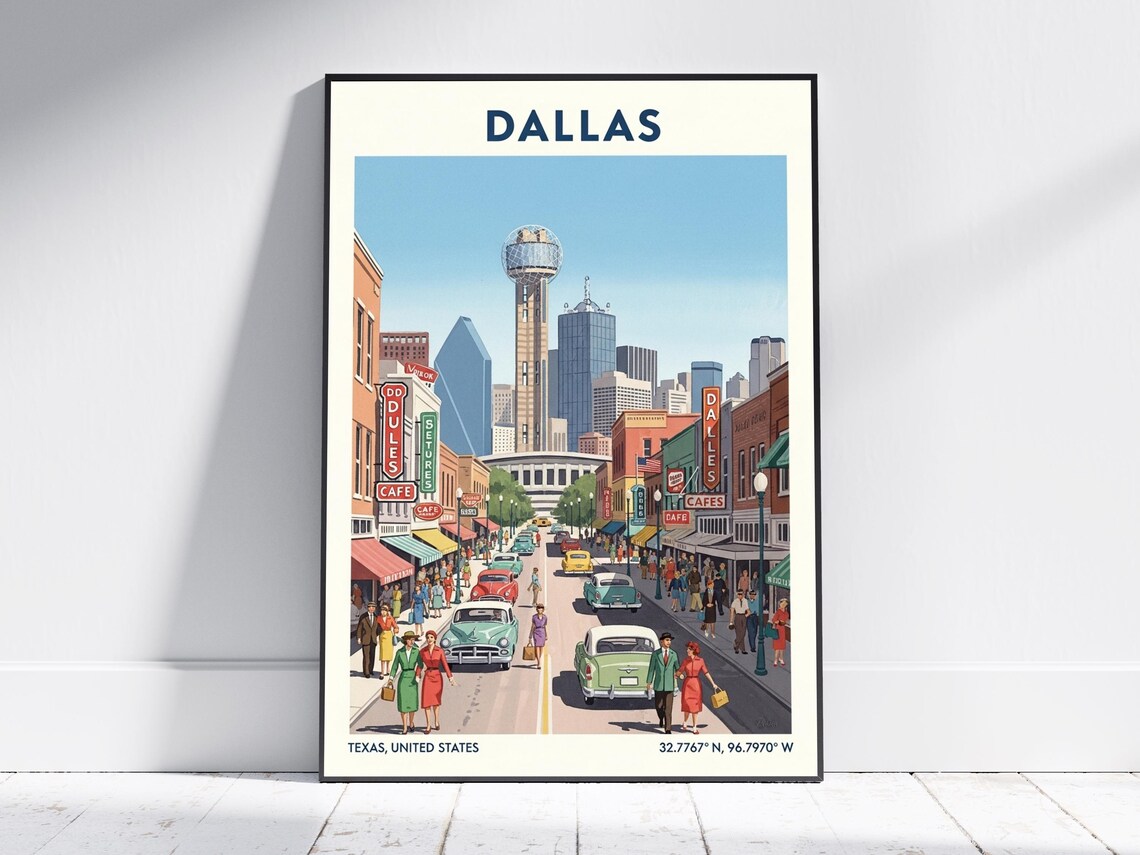 Dallas Texas Reunion Tower Skyline Vintage Street Scene Travel Poster