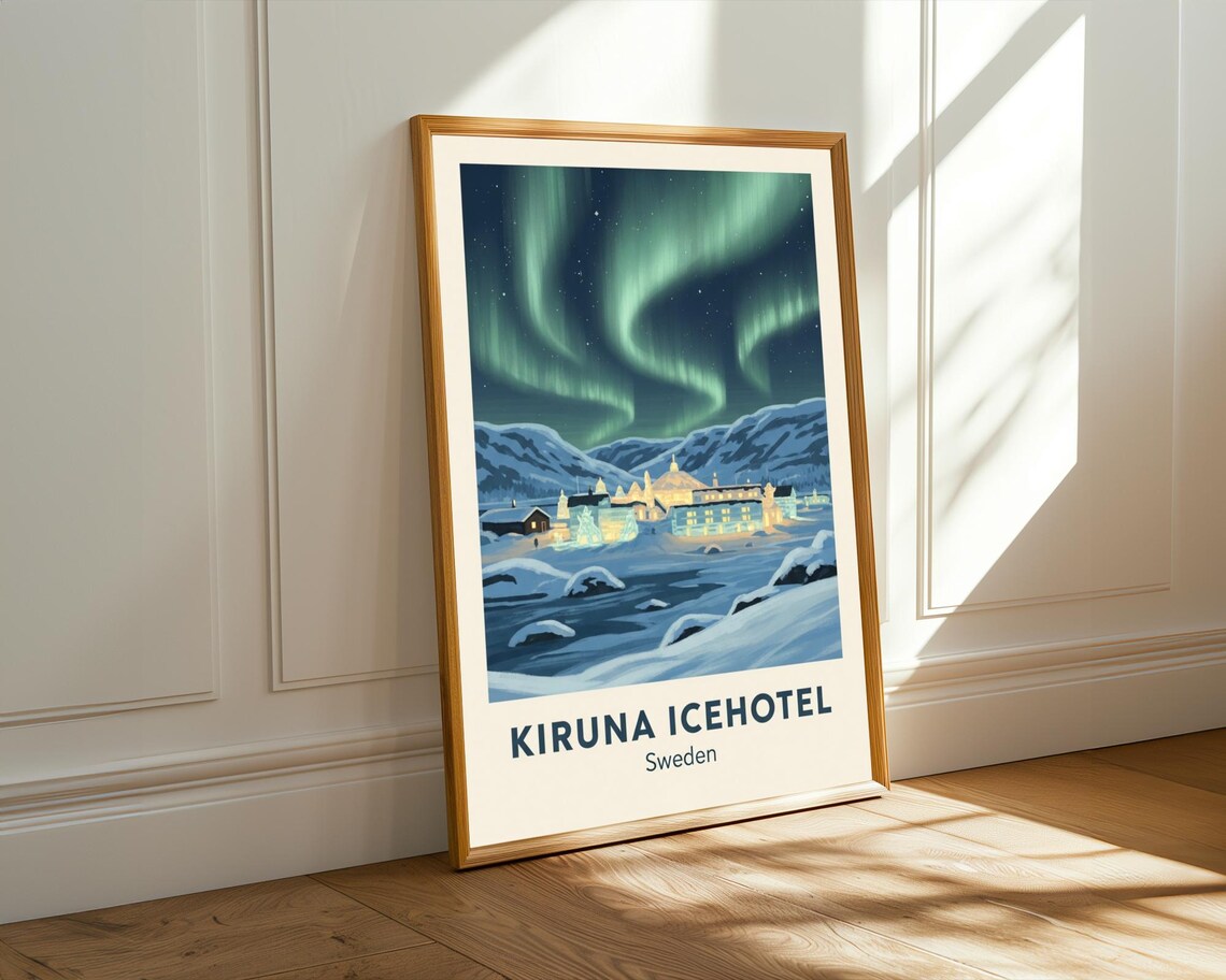 Kiruna Icehotel Sweden Northern Lights Aurora Winter Travel Poster