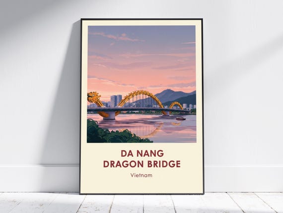 Da Nang Dragon Bridge Vietnam Sunset River Illustration Travel Poster