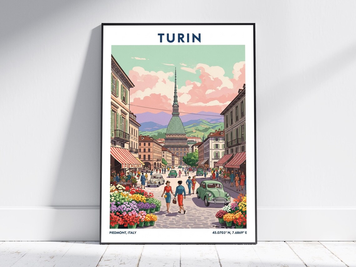 Turin Italy Vintage Travel Poster Piedmont Old Town City Scene Art