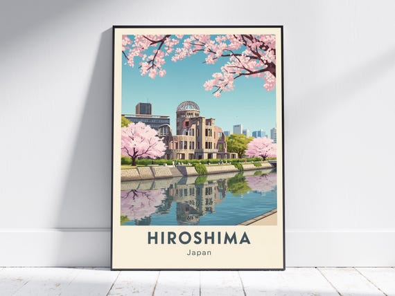 Hiroshima Peace Memorial Print Pink Blue And Green Vintage Travel Art Japanese Cherry Blossom Poster Living Room Office Decor