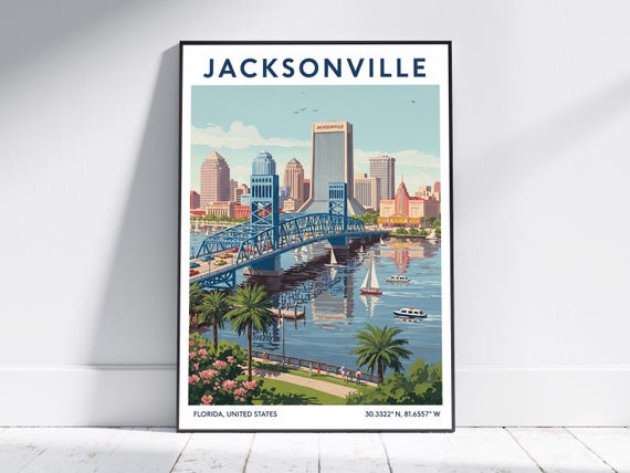 Jacksonville Florida Usa Travel Poster Vintage Art Print Retro Wall Decor For Home Or Office Skyline Gift