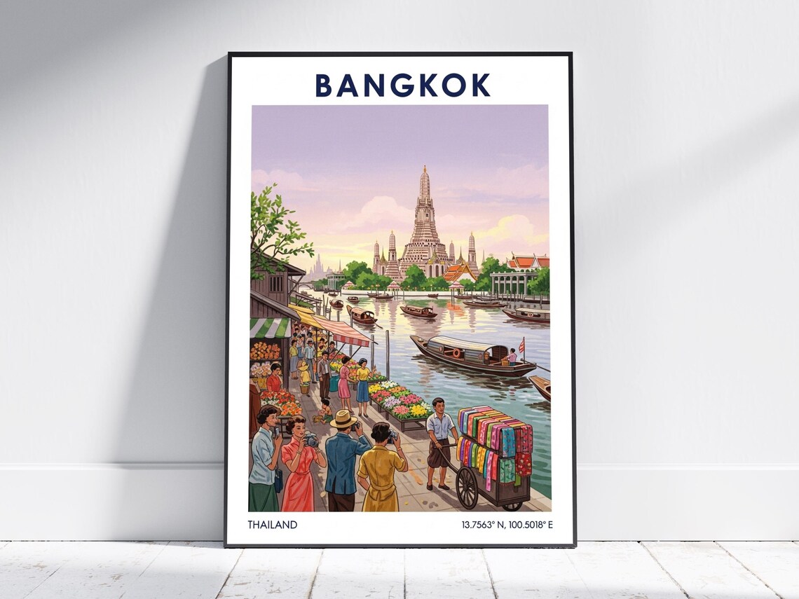 Bangkok Thailand Wat Arun River Market Vintage Travel Poster