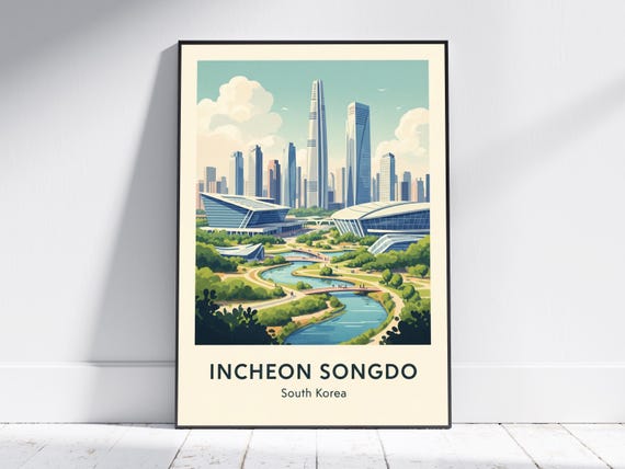 Incheon Songdo Cityscape Print Teal Green Blue And Gray Urban Decor Korea Skyline Art Office Living Room Modern