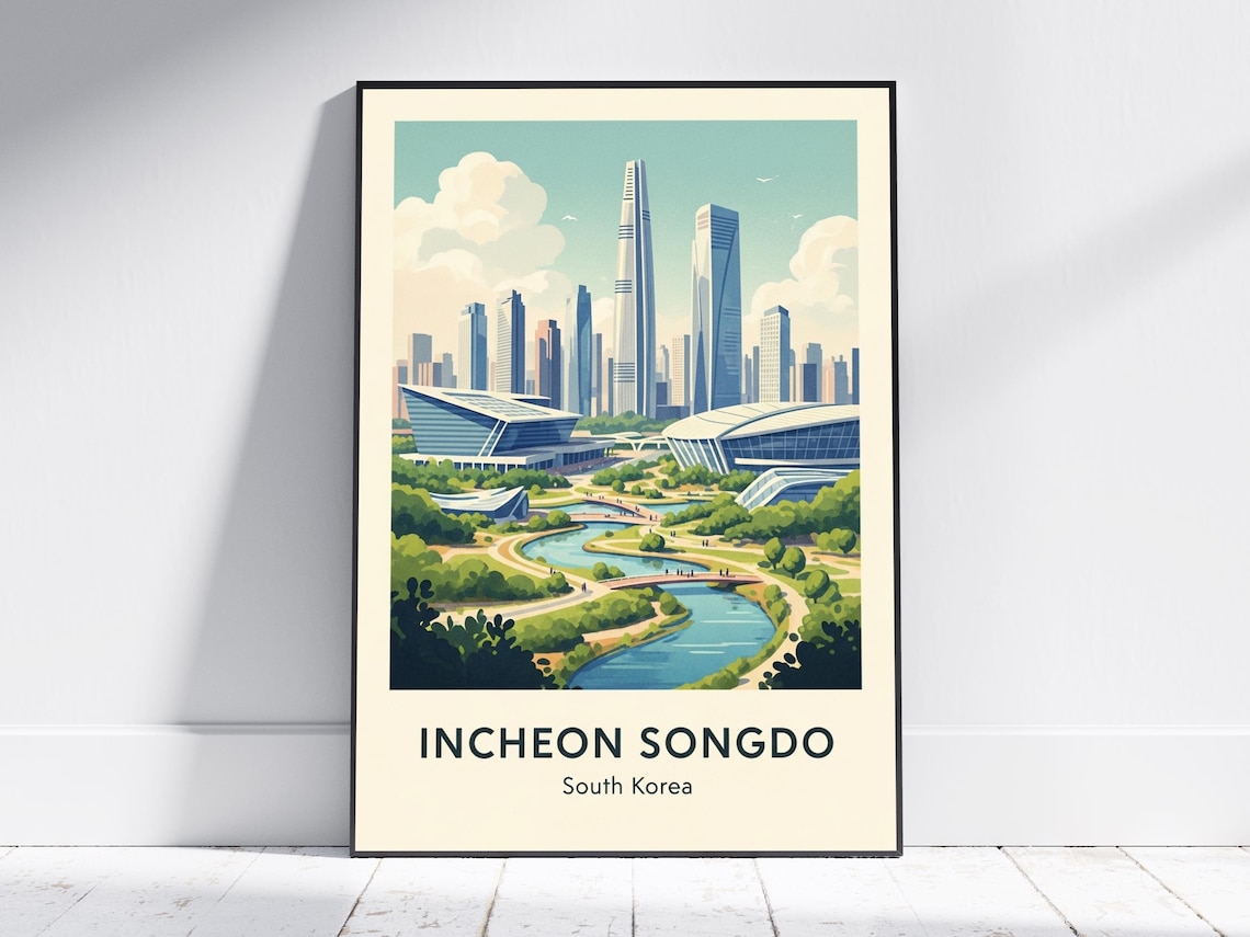 Incheon Songdo South Korea Modern Skyline Canal Travel Poster