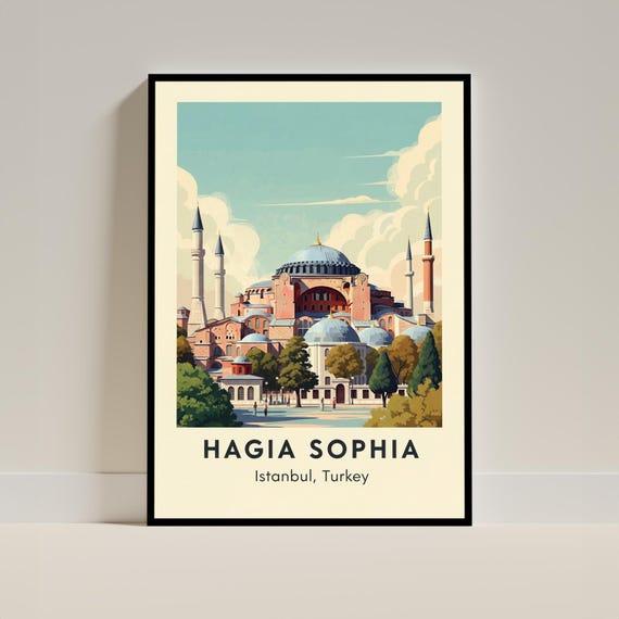 Hagia Sophia Art Print Vintage Travel Wall Poster Teal Navy Beige Green Red Architectural Living Room Or Office