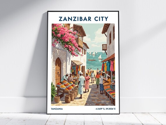 Zanzibar City Tanzania Stone Town Market Retro Travel Poster