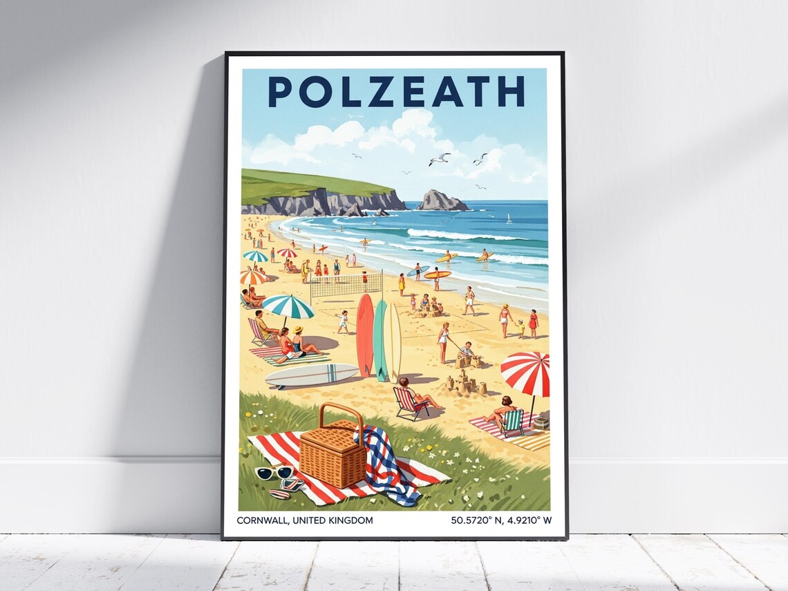 Polzeath Cornwall Beach Travel Poster Vintage Surf Seaside Holiday Art