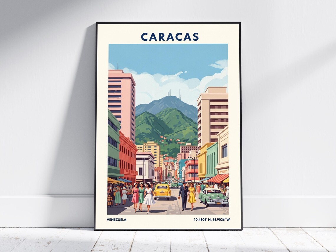 Caracas Venezuela Vintage Travel Art Bustling Street Scene Poster