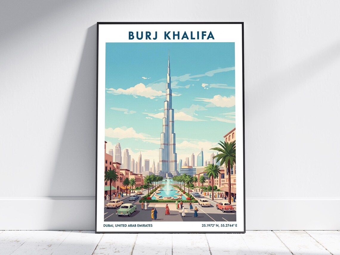 Burj Khalifa Dubai Vintage Travel Poster UAE Skyline Fountain Art