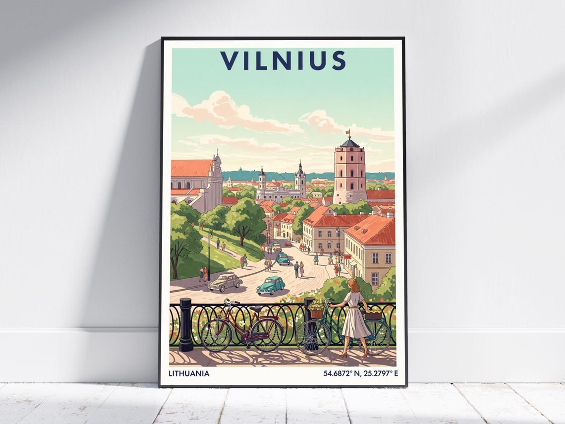 Vilnius Lithuania Gediminas Tower Old Town Vintage Travel Poster