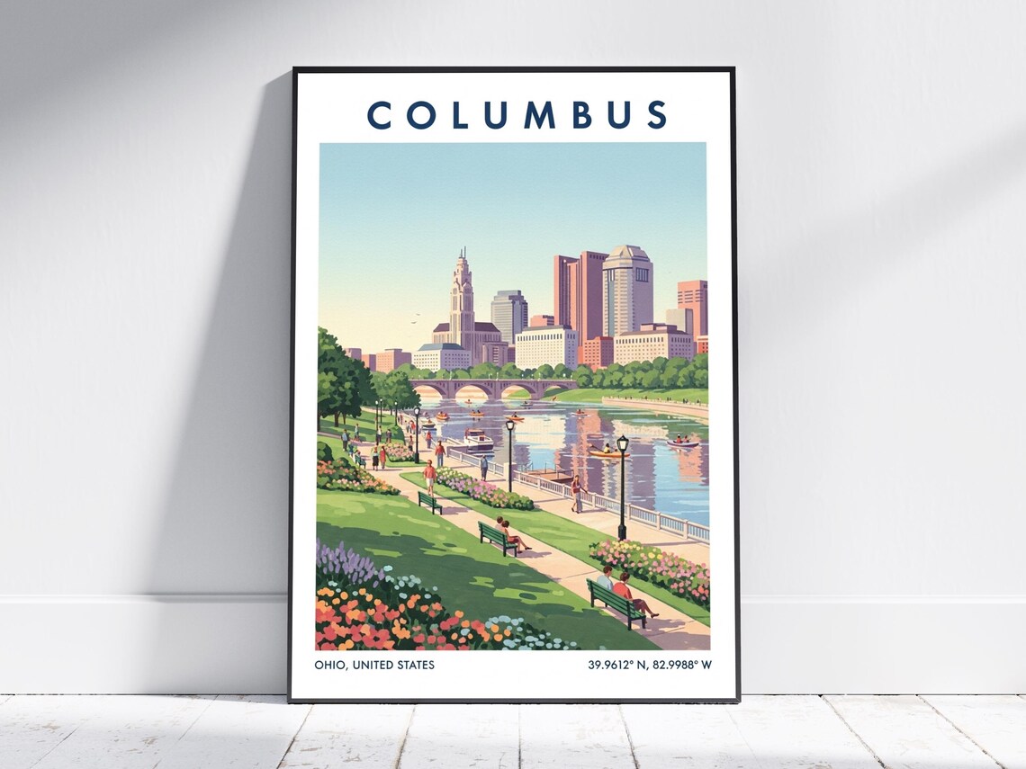 Columbus Ohio Scioto Riverfront Skyline Park Vintage Travel Poster