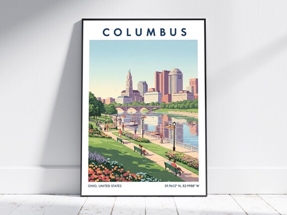 Columbus Ohio Scioto Riverfront Skyline Park Vintage Travel Poster
