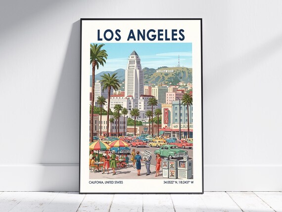 Los Angeles Vintage Retro Travel Hollywood Sign City Scene Poster