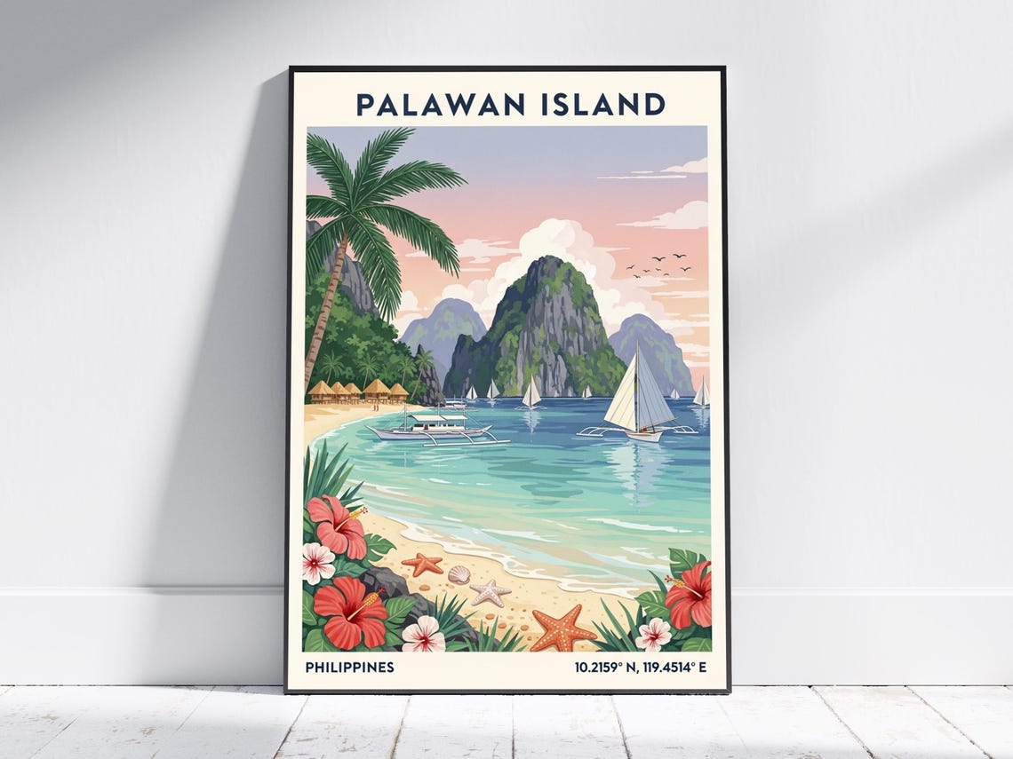 Palawan Island Philippines Vintage Travel Poster Tropical Beach Art