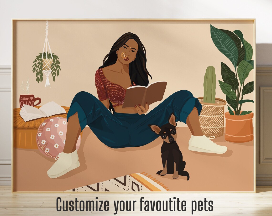 Indian Girl With Dogs Art Print, Desi Woman