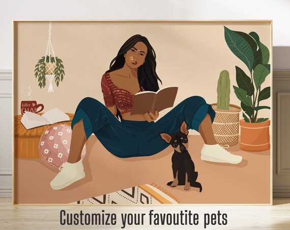 Indian Girl With Dogs Art Print, Desi Woman