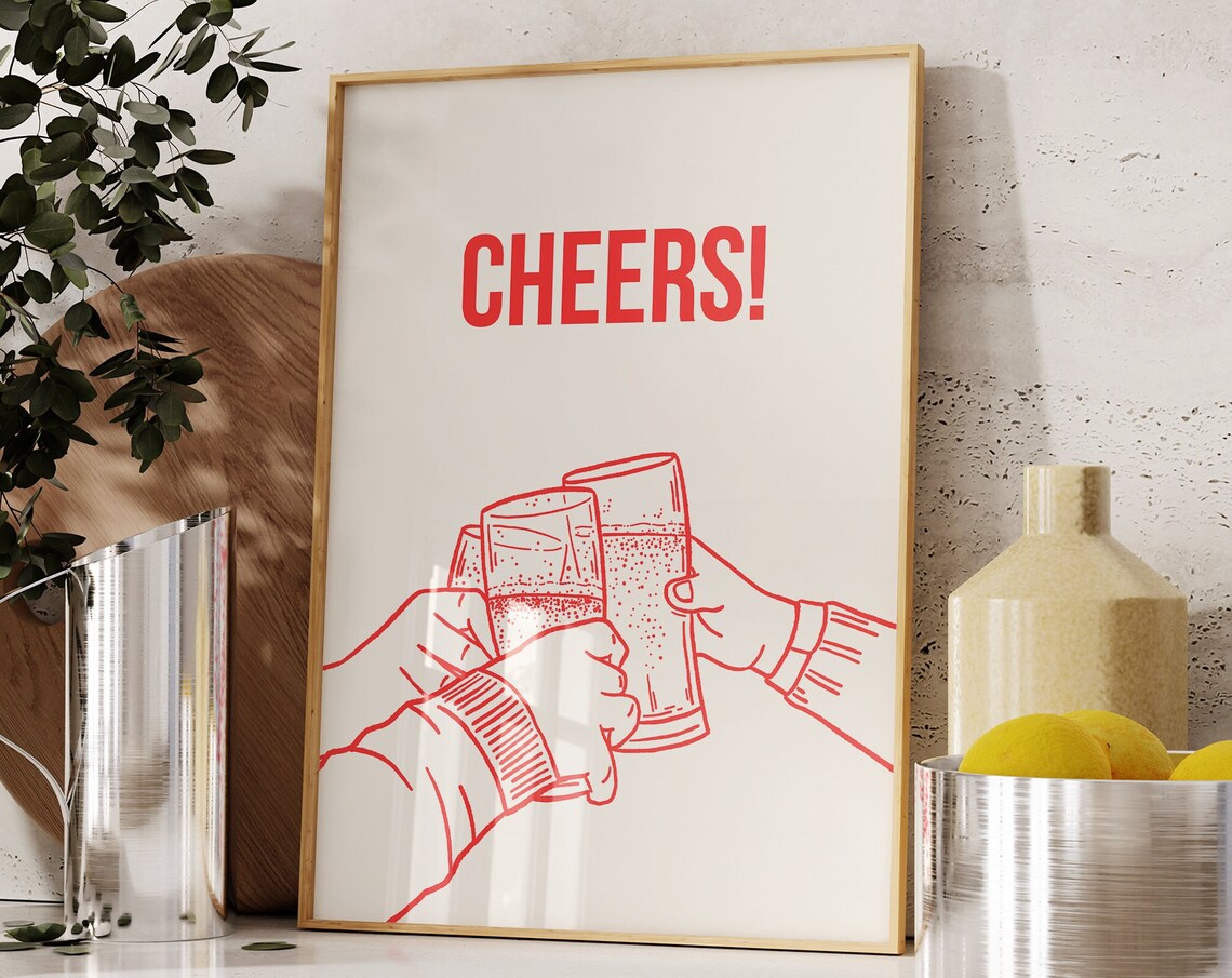 Cheers Red Line Art Beer Glasses Clinking Toast Home Bar Poster - Image 5