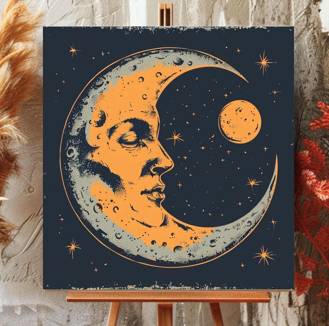 Retro Crescent Moon Art, Nostalgic Lunar Decor