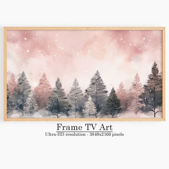 Soft Blush Pink Winter Snowy Pine Forest Watercolor Holiday Poster