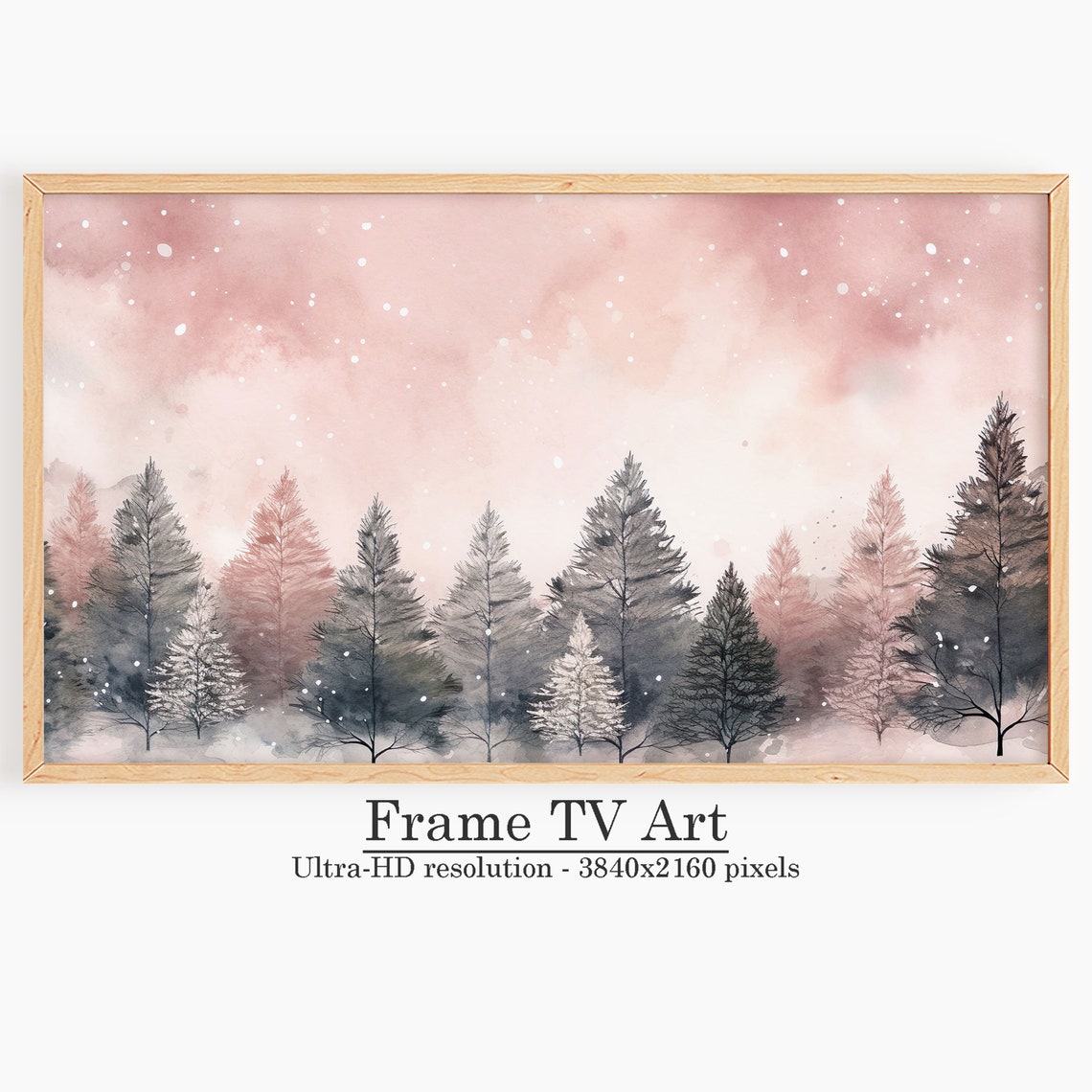 Soft Blush Pink Winter Snowy Pine Forest Watercolor Holiday Poster