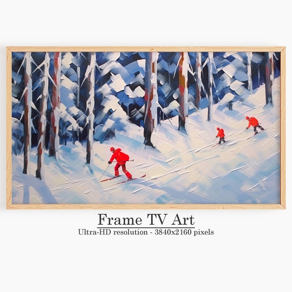 Winter Frame Tv Art Abstract Holiday Ski Wall Print Skiers Painting