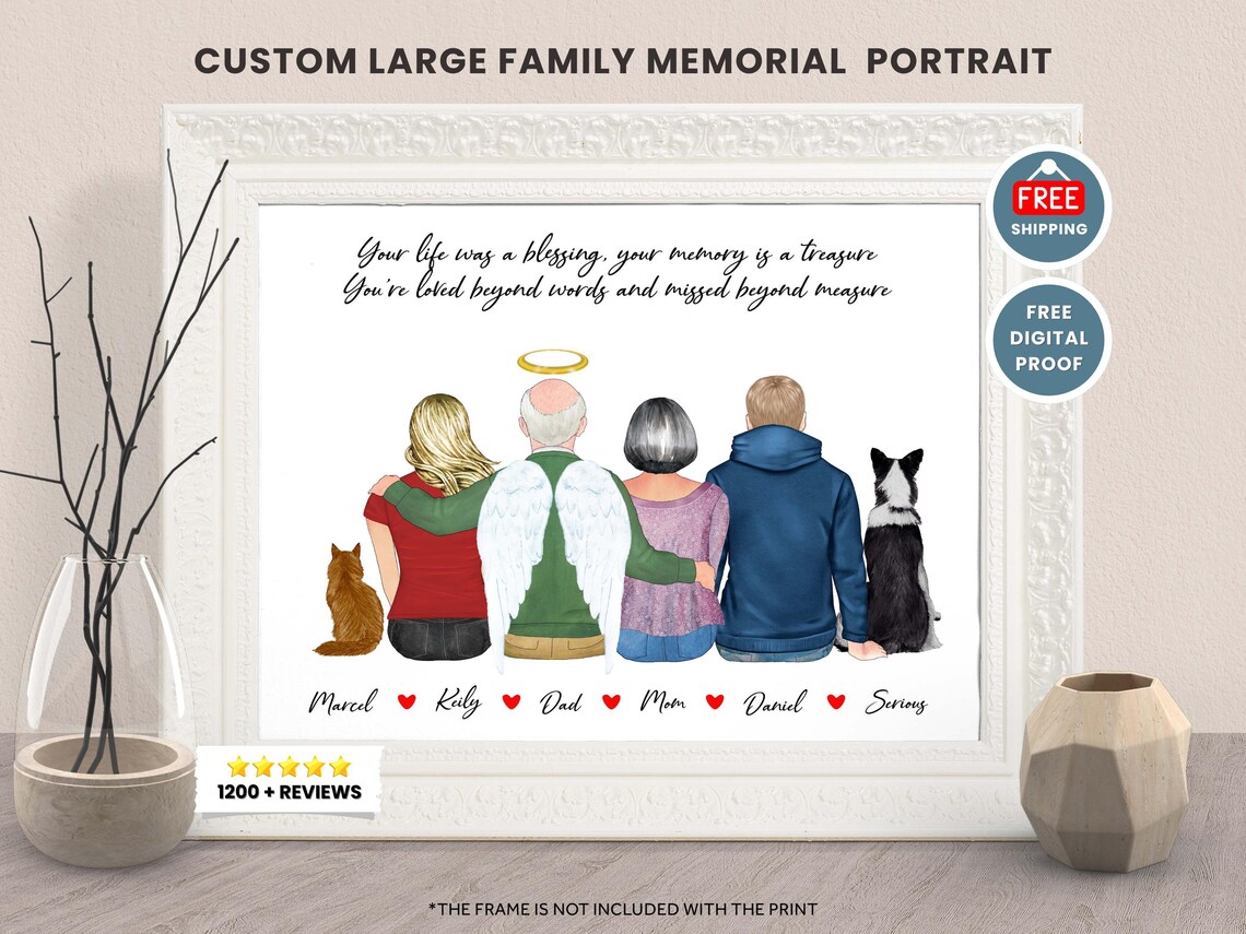 Personalized Large Family Memorial Portrait with Pets Art Print