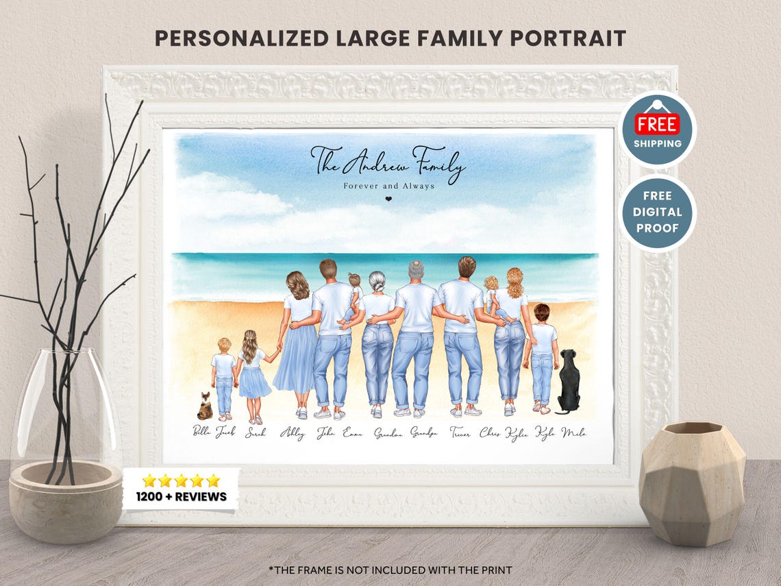 Personalized Large Family Portrait Print Beach Scene Gift for Family