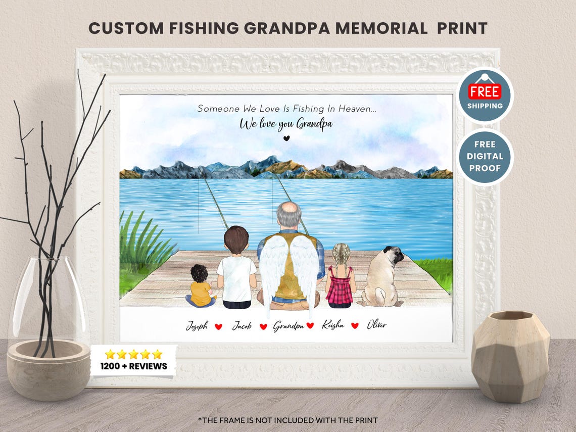 Grandpa And Grandkids Fishing Print Grandpa And Granddaughter Grandson Fishing Print Chrismtas Gift For Dad Pawpaw Grandad Memorial Gift